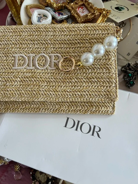 Dior Beige Straw Clutch with Pearl Handle and Gold Ring w gold chain crossbody - Picture 1 of 6